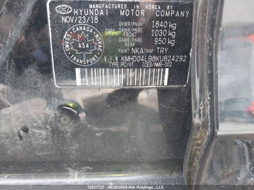 2019 Hyundai Elantra Sport VIN: KMHD04LB8KU824292 Lot: 12037727