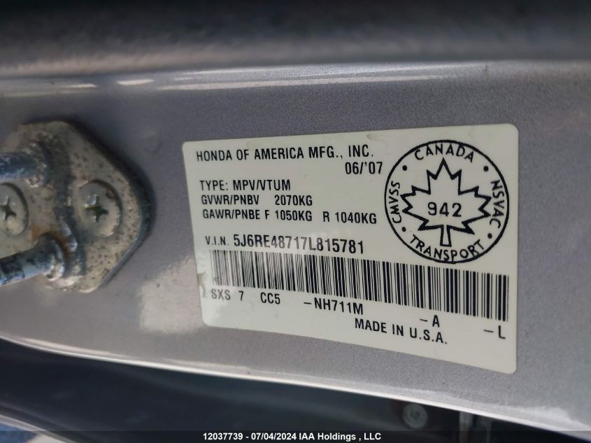 2007 Honda Cr-V VIN: 5J6RE48717L815781 Lot: 12037739