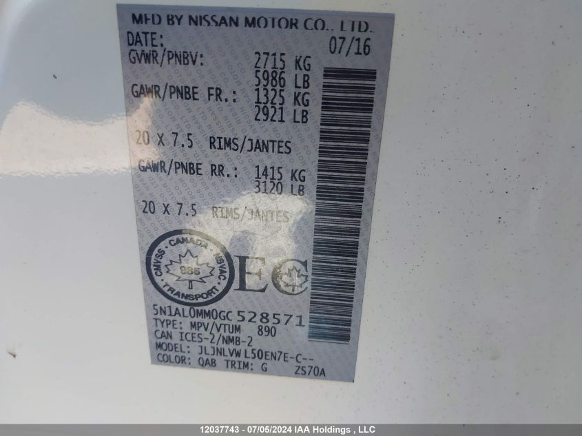 2016 Infiniti Qx60 VIN: 5N1AL0MM0GC528571 Lot: 12037743