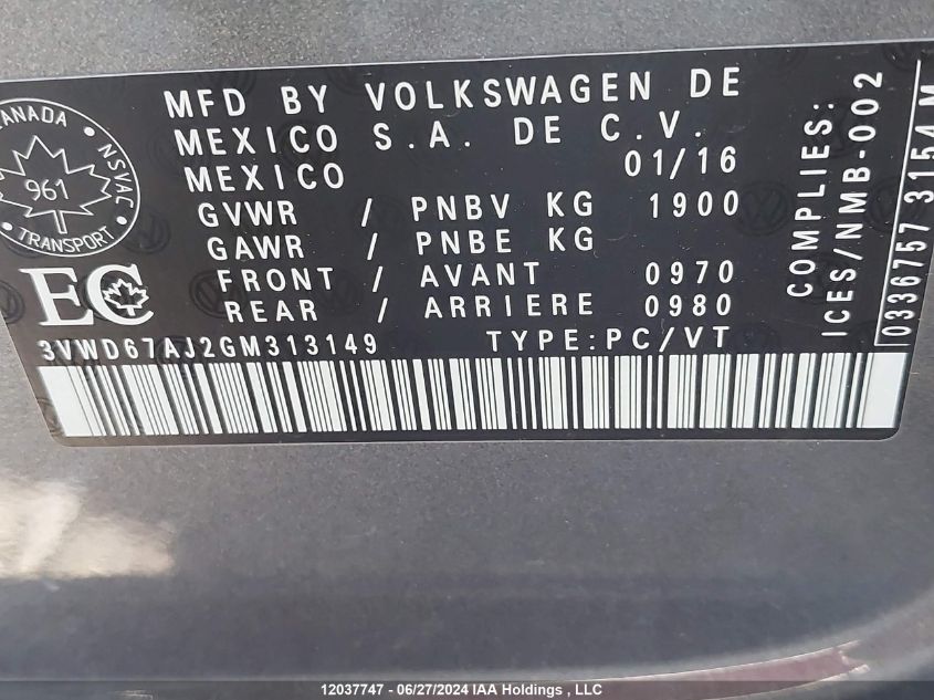 2016 Volkswagen Jetta Sedan VIN: 3VWD67AJ2GM313149 Lot: 12037747