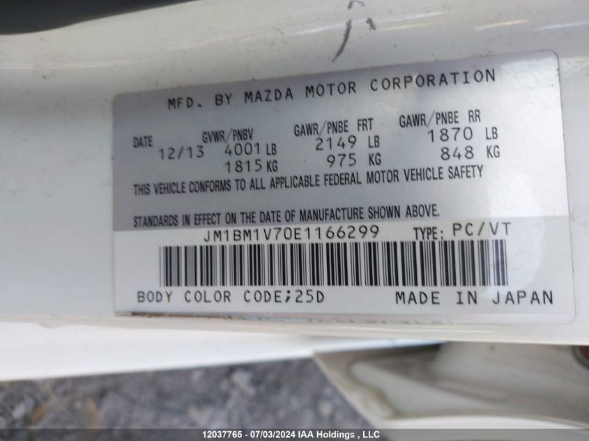 2014 Mazda Mazda3 VIN: JM1BM1V70E1166299 Lot: 12037765