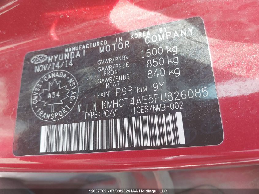 2015 Hyundai Accent VIN: KMHCT4AE5FU826085 Lot: 12037769