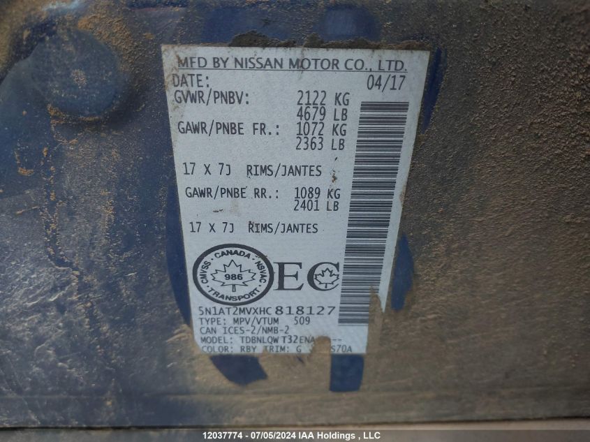 2017 Nissan Rogue VIN: 5N1AT2MVXHC818127 Lot: 12037774