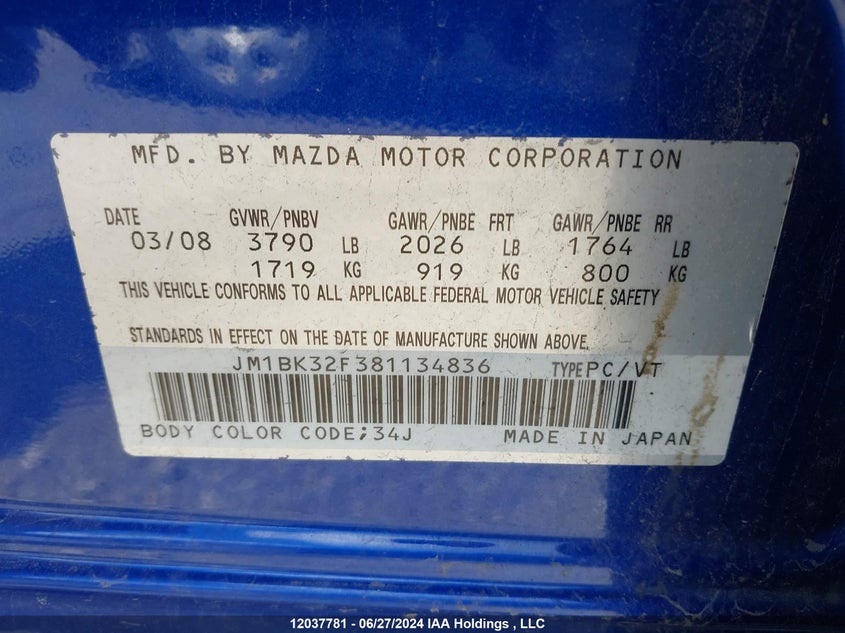 2008 Mazda Mazda3 VIN: JM1BK32F381134836 Lot: 12037781