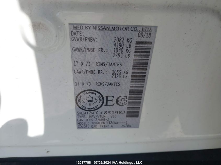 2018 Nissan Rogue VIN: 5N1AT2MT0JC851982 Lot: 12037788