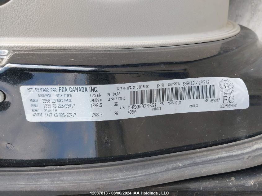 2019 Dodge Grand Caravan Se VIN: 2C4RDGBG7KR727224 Lot: 12037813