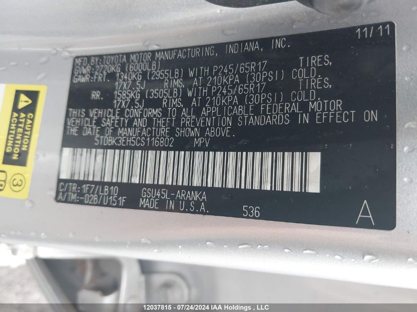 2012 Toyota Highlander VIN: 5TDBK3EH5CS116802 Lot: 12037815