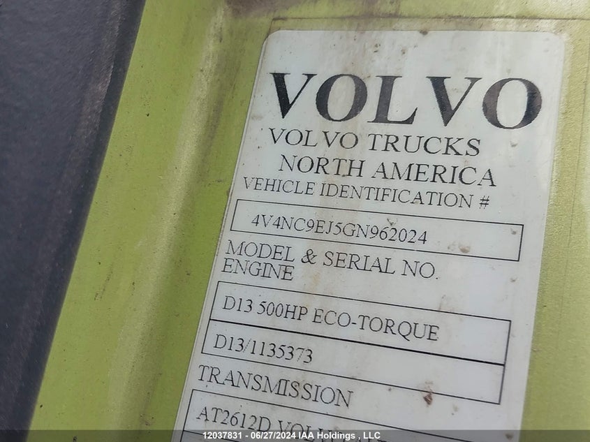 2016 Volvo Vn L VIN: 4V4NC9EJ5GN962024 Lot: 12037831
