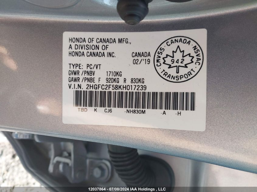 2019 Honda Civic Lx VIN: 2HGFC2F58KH017239 Lot: 12037864