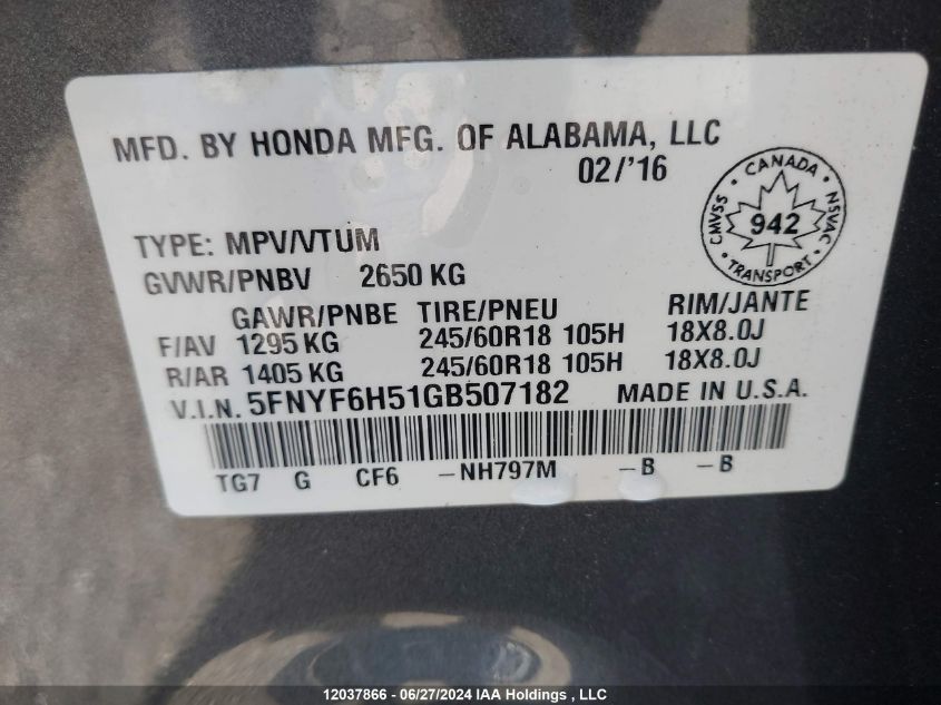 2016 Honda Pilot VIN: 5FNYF6H51GB507182 Lot: 12037866