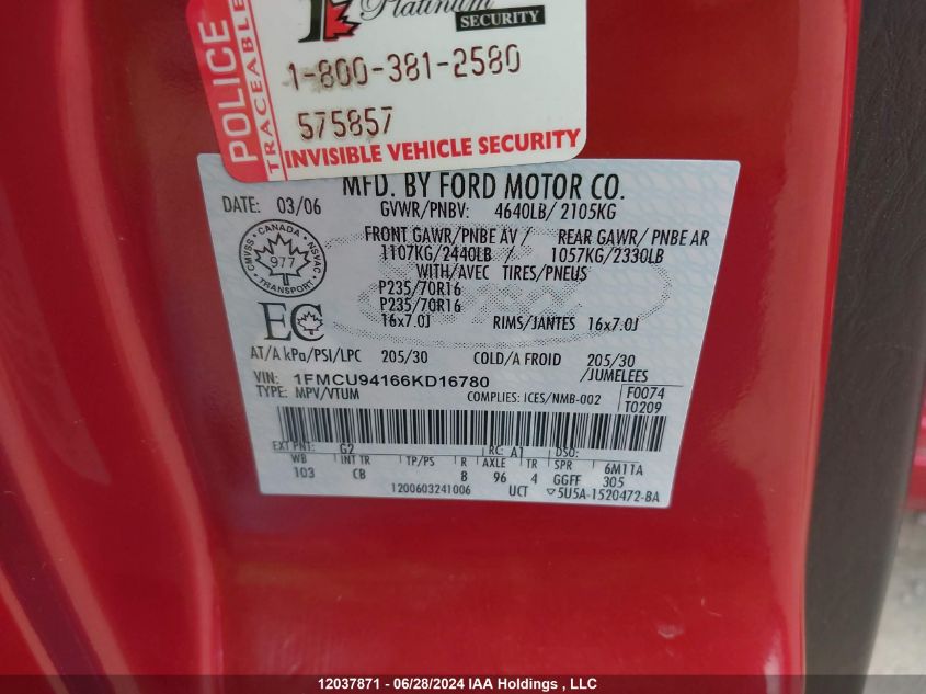 2006 Ford Escape VIN: 1FMCU94166KD16780 Lot: 12037871