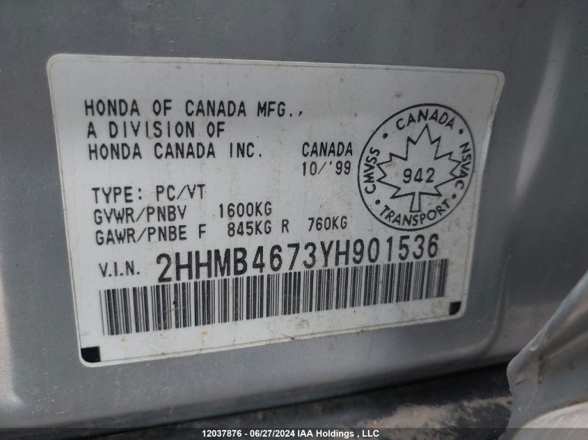 2000 Acura 1.6El Premium VIN: 2HHMB4673YH901536 Lot: 12037876