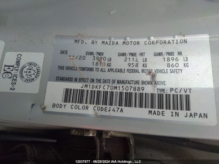 2021 Mazda Cx-3 VIN: JM1DKFC70M1507889 Lot: 12037877