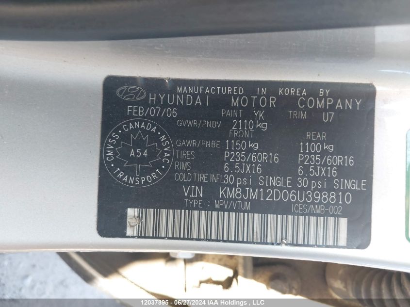 2006 Hyundai Tucson VIN: KM8JM12D06U398810 Lot: 12037895