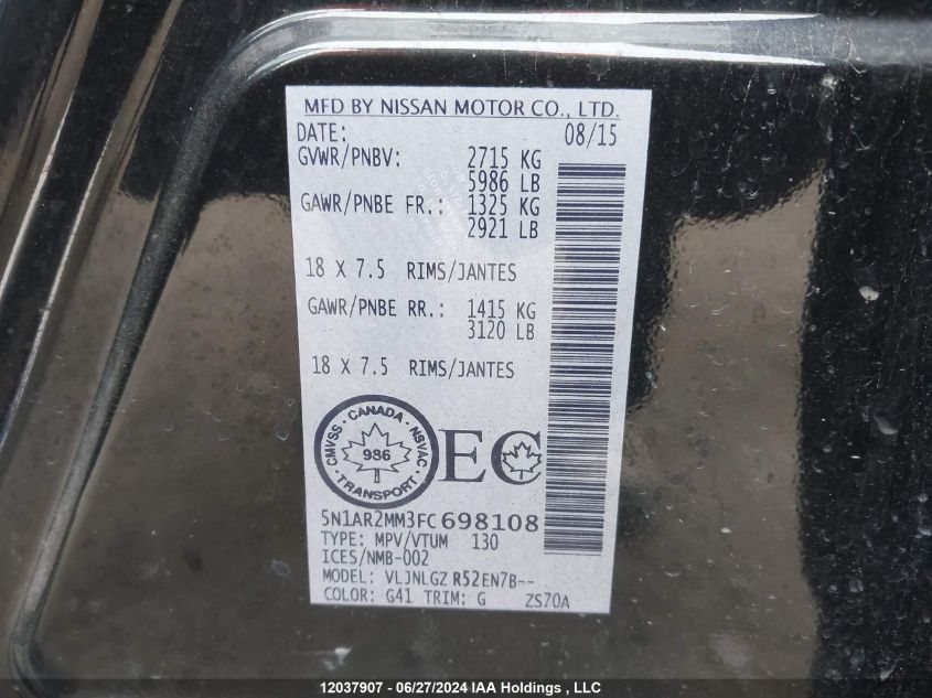 2015 Nissan Pathfinder VIN: 5N1AR2MM3FC698108 Lot: 12037907