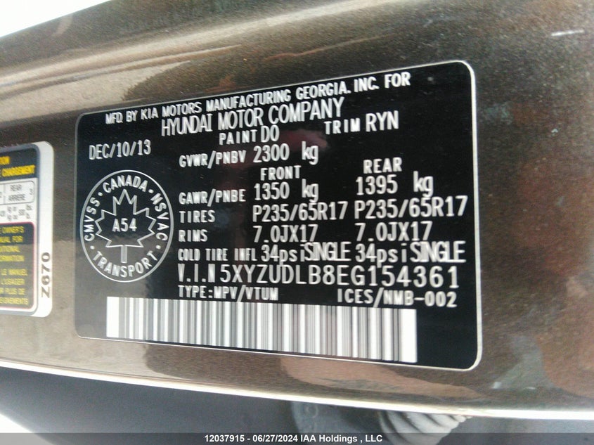 2014 Hyundai Santa Fe Sport VIN: 5XYZUDLB8EG154361 Lot: 12037915