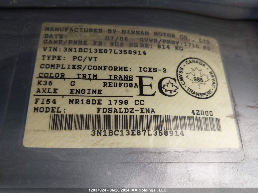 2007 Nissan Versa 1.8Sl VIN: 3N1BC13E87L358914 Lot: 12037924