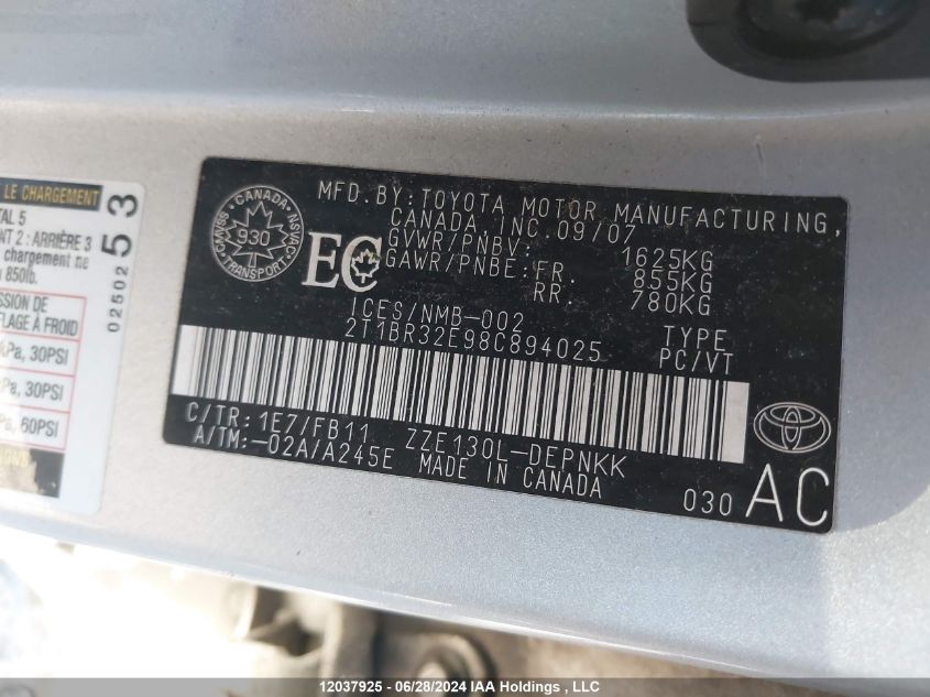 2008 Toyota Corolla Ce/Le/S VIN: 2T1BR32E98C894025 Lot: 12037925