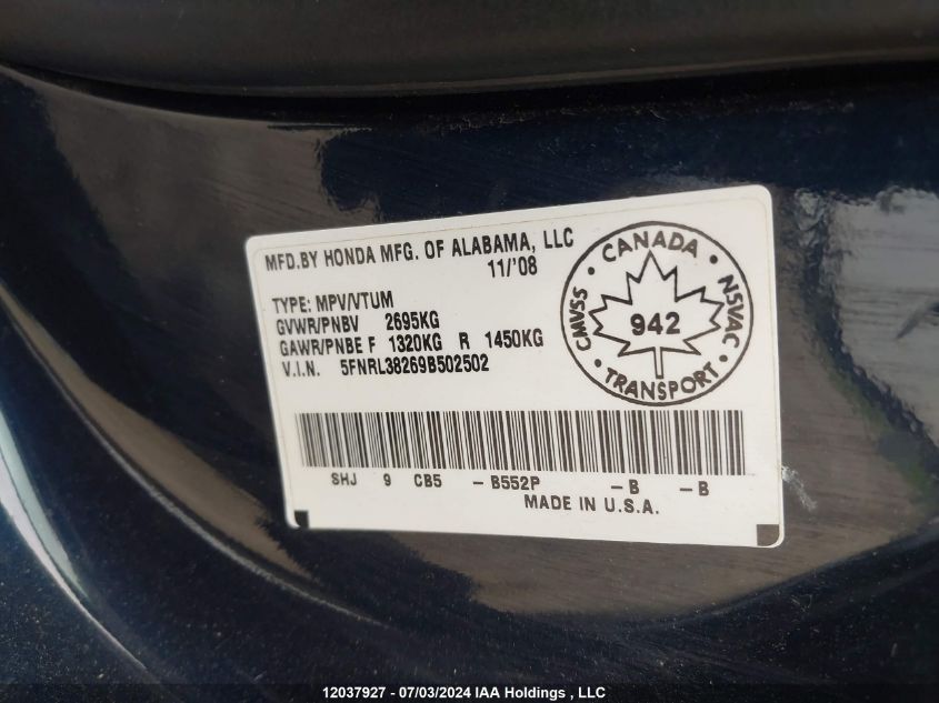 2009 Honda Odyssey VIN: 5FNRL38269B502502 Lot: 12037927