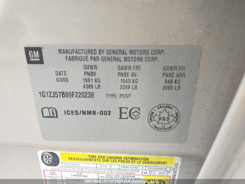 2009 Chevrolet Malibu Lt VIN: 1G1ZJ57B89F220238 Lot: 12037932