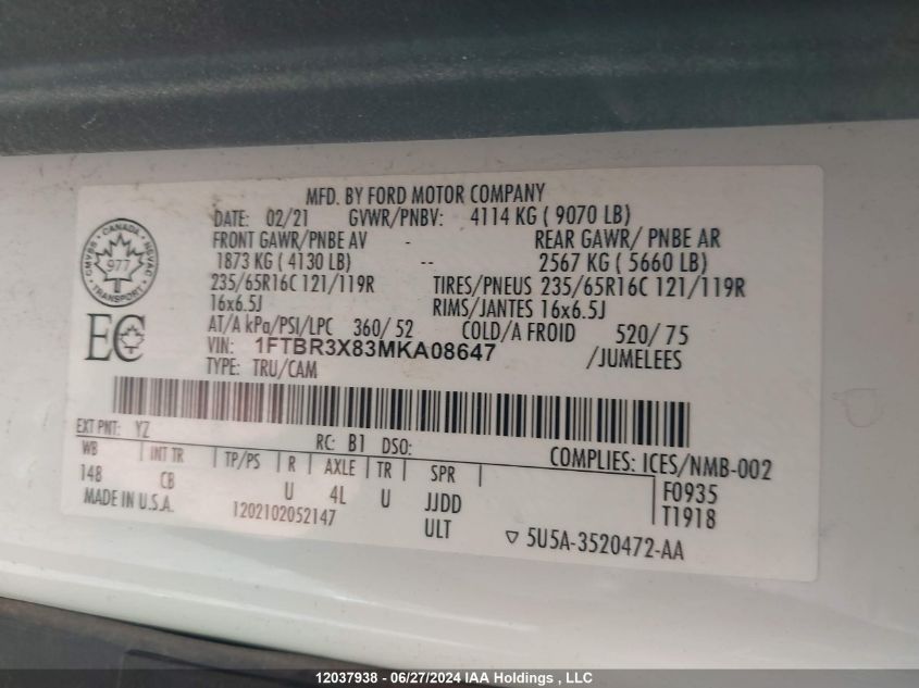 2021 Ford Transit T-250 VIN: 1FTBR3X83MKA08647 Lot: 12037938