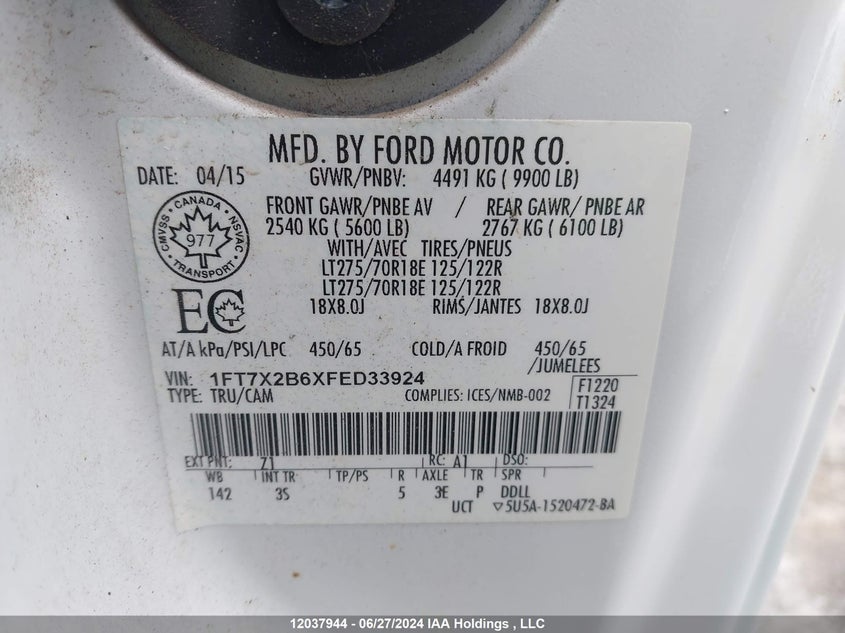 2015 Ford F250 Super Duty VIN: 1FT7X2B6XFED33924 Lot: 12037944