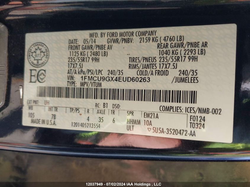 2014 Ford Escape Se VIN: 1FMCU9GX4EUD60263 Lot: 12037949
