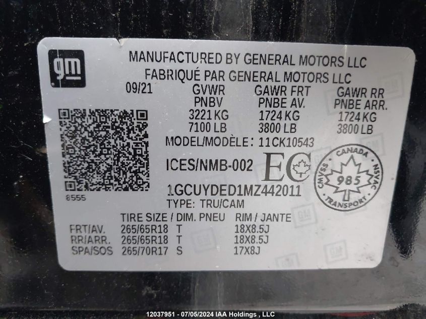 2021 Chevrolet Silverado 1500 VIN: 1GCUYDED1MZ442011 Lot: 12037951