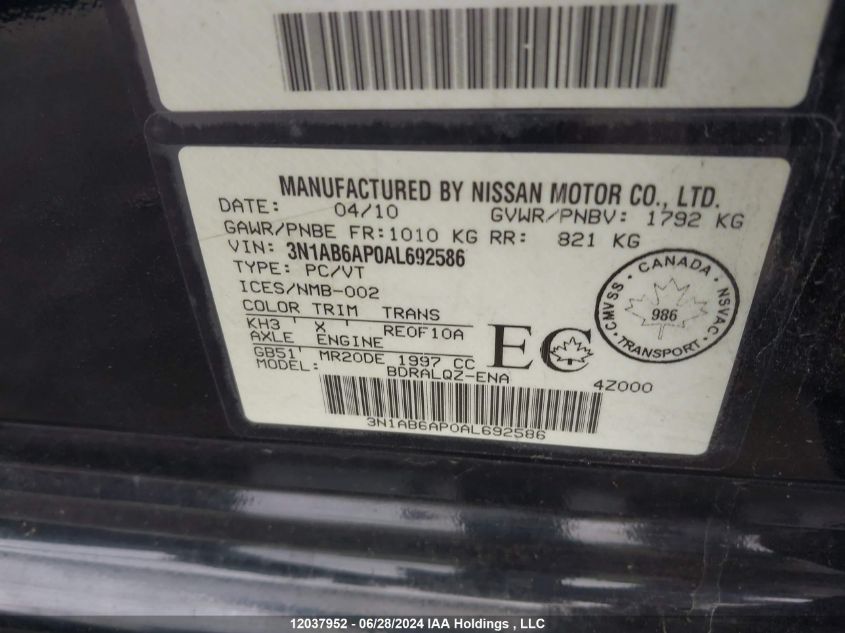 2010 Nissan Sentra 2.0 VIN: 3N1AB6AP0AL692586 Lot: 12037952