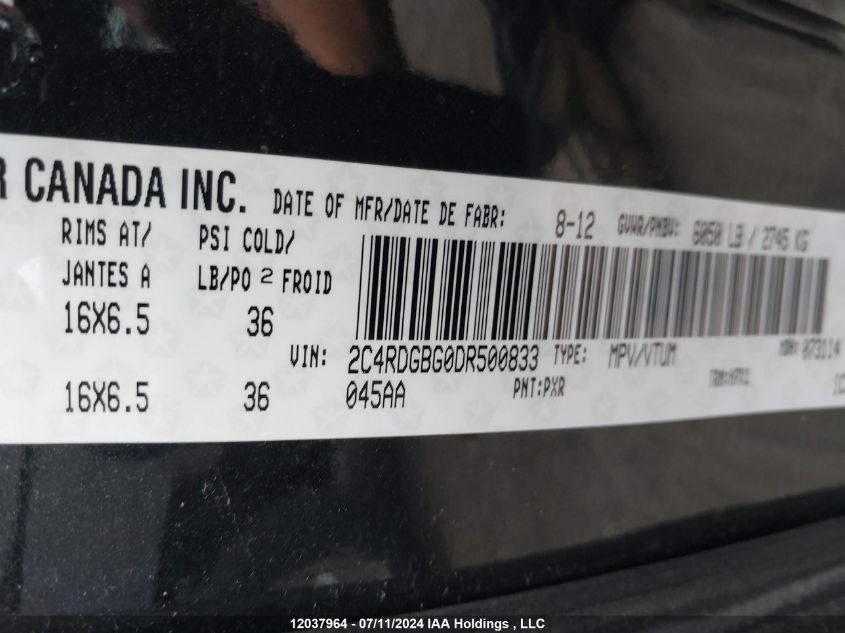 2013 Dodge Grand Caravan Se VIN: 2C4RDGBG0DR500833 Lot: 12037964