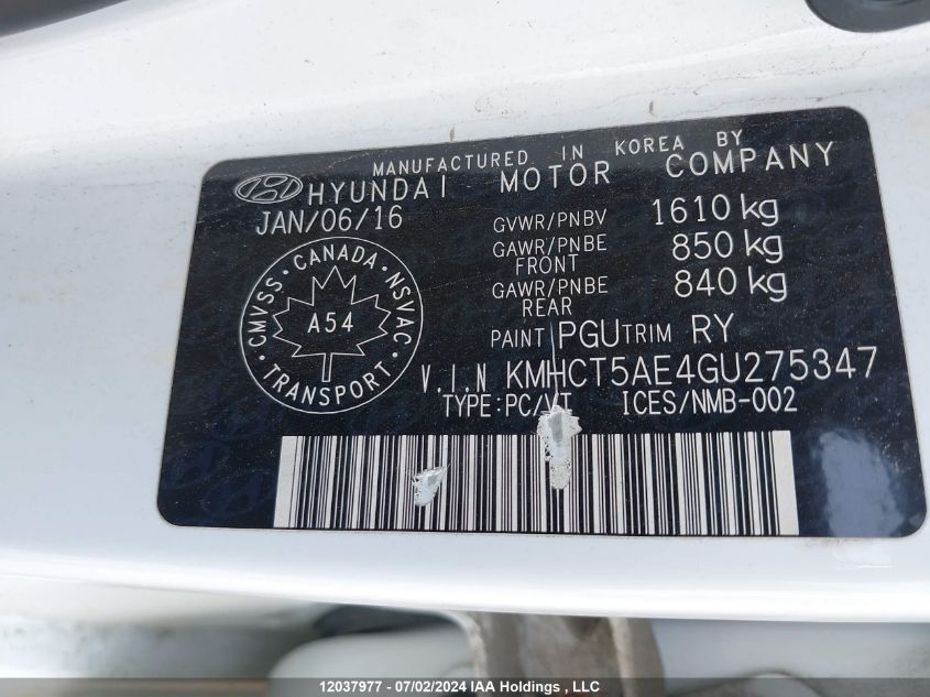 2016 Hyundai Accent Le VIN: KMHCT5AE4GU275347 Lot: 12037977