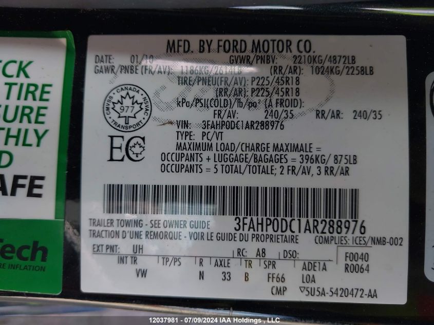 2010 Ford Fusion Sport VIN: 3FAHP0DC1AR288976 Lot: 12037981