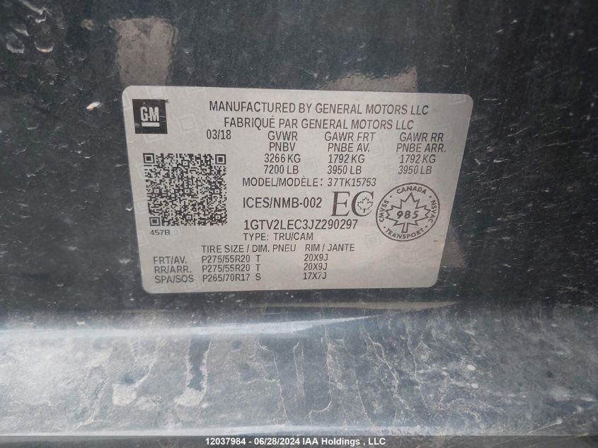 2018 GMC Sierra K1500 VIN: 1GTV2LEC3JZ290297 Lot: 12037984