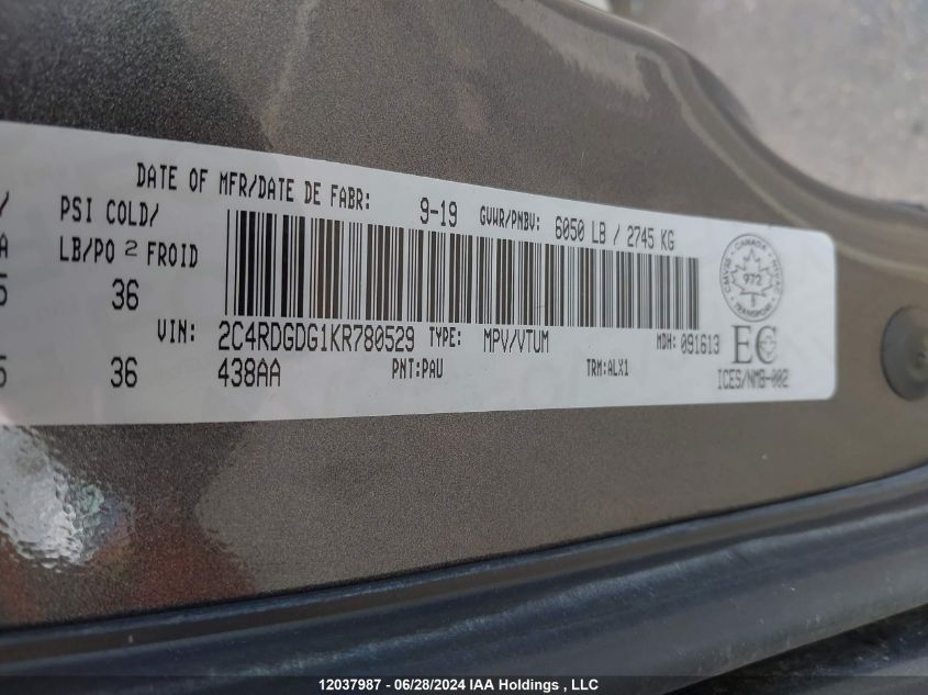 2019 Dodge Grand Caravan Crew VIN: 2C4RDGDG1KR780529 Lot: 12037987