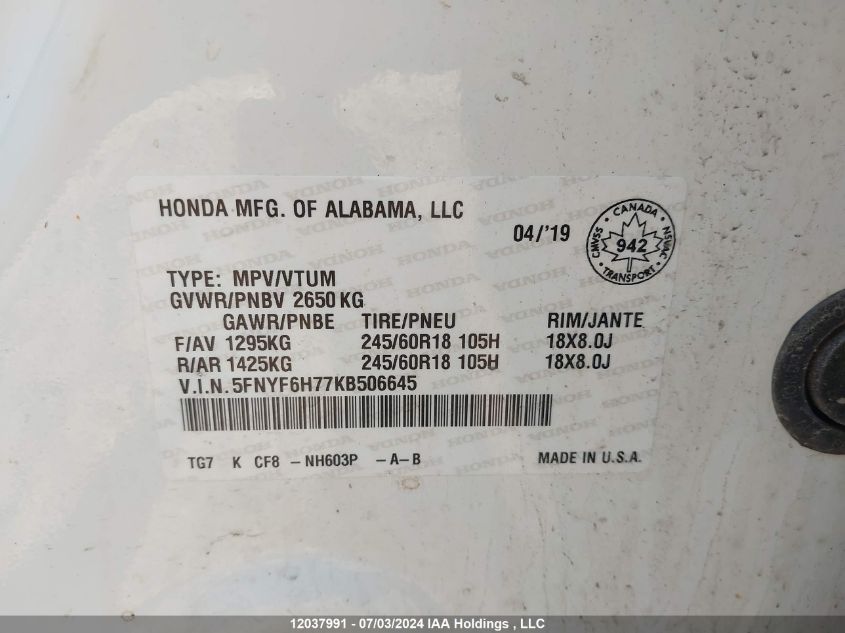 2019 Honda Pilot VIN: 5FNYF6H77KB506645 Lot: 12037991