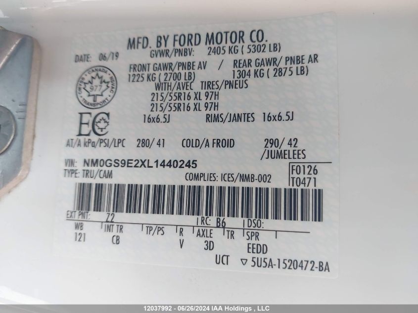 2020 Ford Transit Connect Xl VIN: NM0GS9E2XL1440245 Lot: 12037992