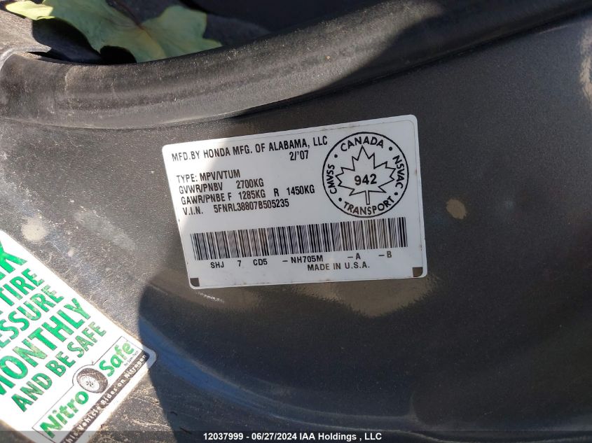 2007 Honda Odyssey VIN: 5FNRL38807B505235 Lot: 12037999