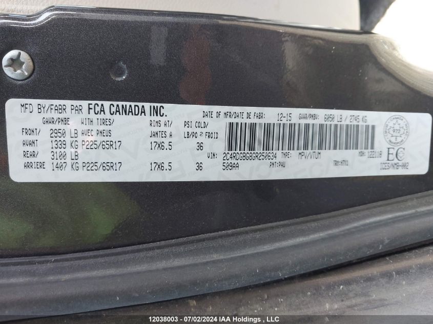 2016 Dodge Grand Caravan VIN: 2C4RDGBG8GR250634 Lot: 12038003