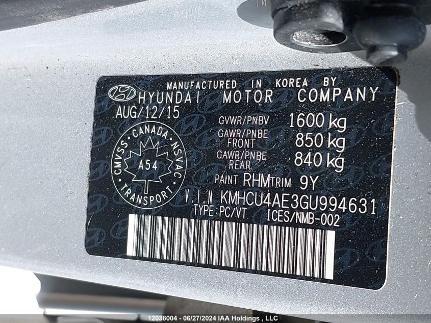 2016 Hyundai Accent VIN: KMHCU4AE3GU994631 Lot: 12038004