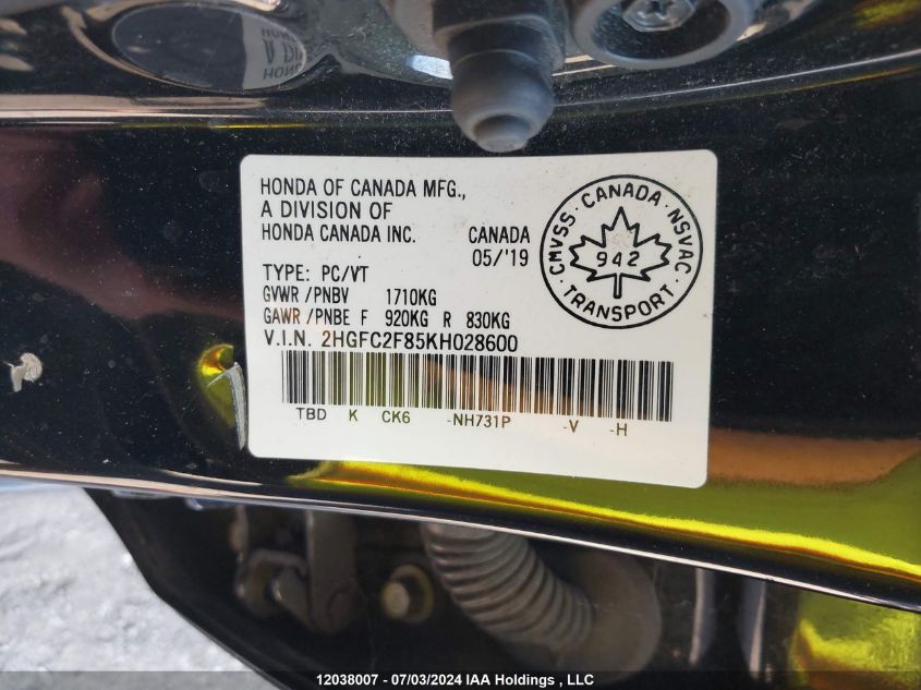 2019 Honda Civic Sedan VIN: 2HGFC2F85KH028600 Lot: 12038007