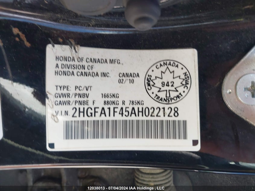 2010 Honda Civic VIN: 2HGFA1F45AH022128 Lot: 12038013
