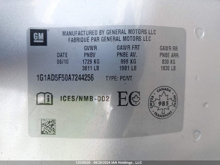 2010 Chevrolet Cobalt VIN: 1G1AD5F50A7244256 Lot: 12038020