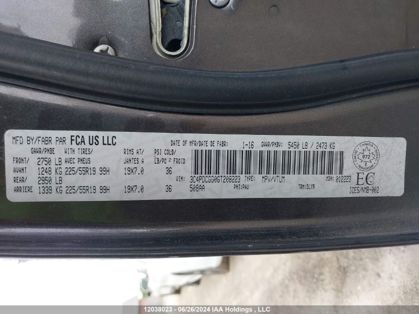 2016 Dodge Journey Crossroad VIN: 3C4PDCGG0GT208223 Lot: 12038023