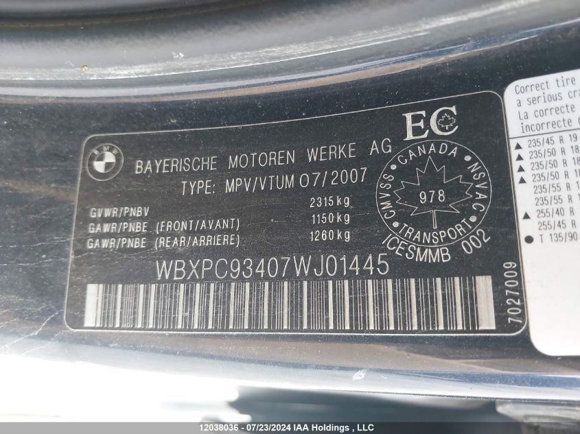 2007 BMW X3 3.0I VIN: WBXPC93407WJ01445 Lot: 12038036