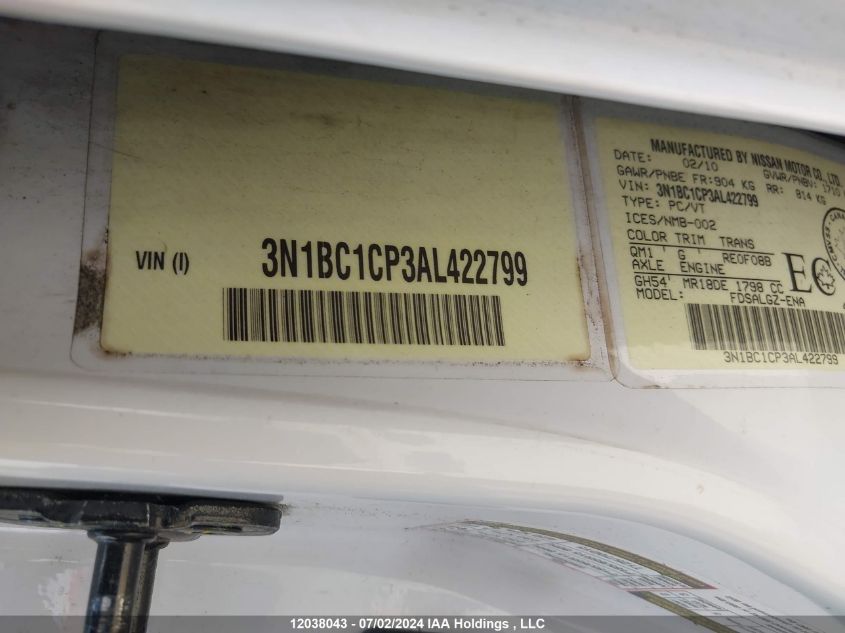 2010 Nissan Versa S/Sl VIN: 3N1BC1CP3AL422799 Lot: 12038043