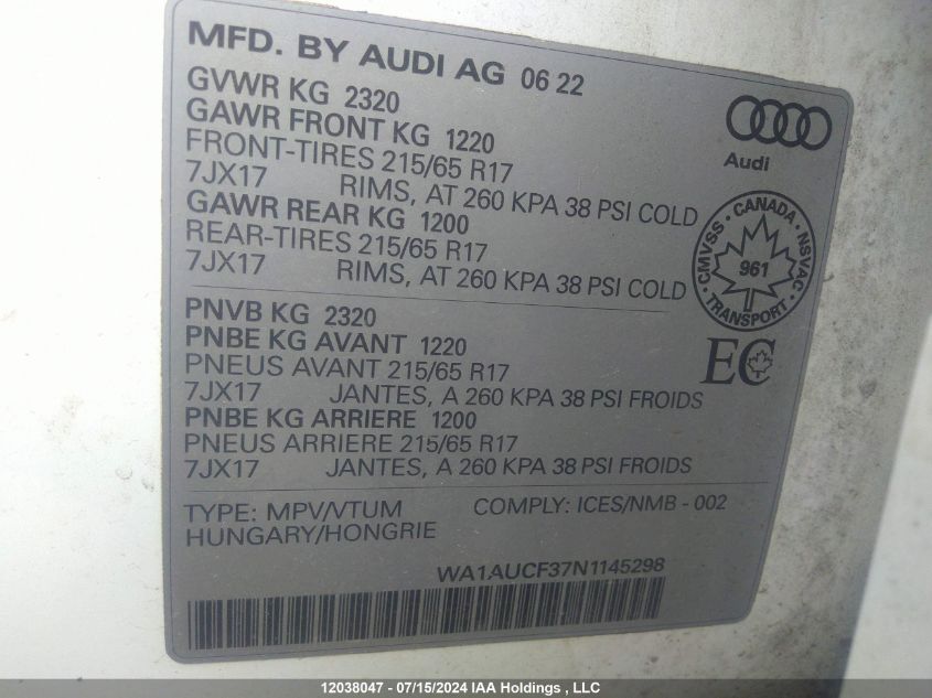 2022 Audi Q3 Premium 40 VIN: WA1AUCF37N1145298 Lot: 12038047