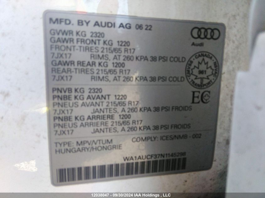 2022 Audi Q3 Premium 40 VIN: WA1AUCF37N1145298 Lot: 12038047