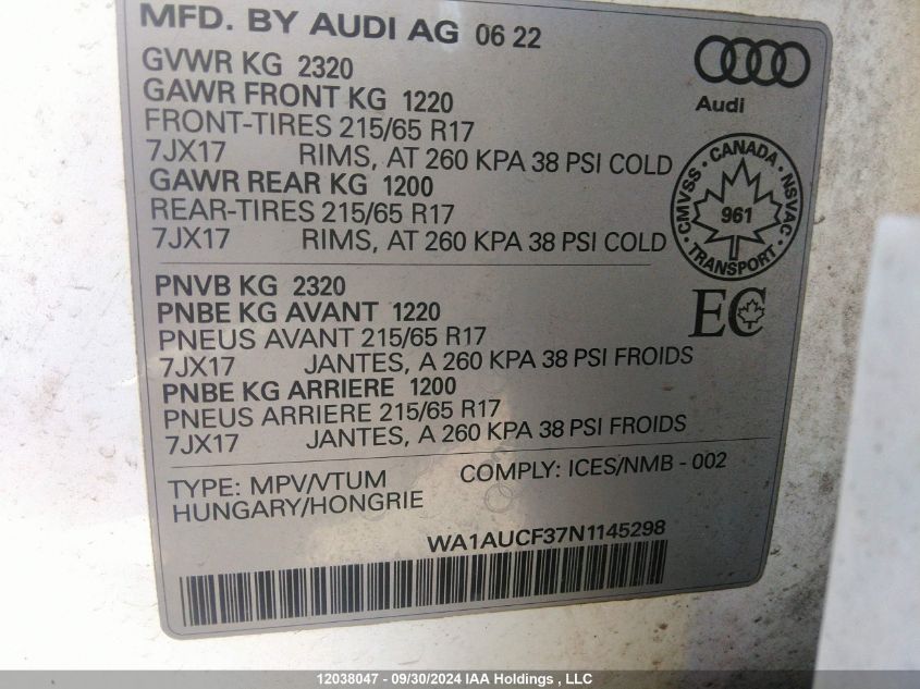 2022 Audi Q3 Premium 40 VIN: WA1AUCF37N1145298 Lot: 12038047