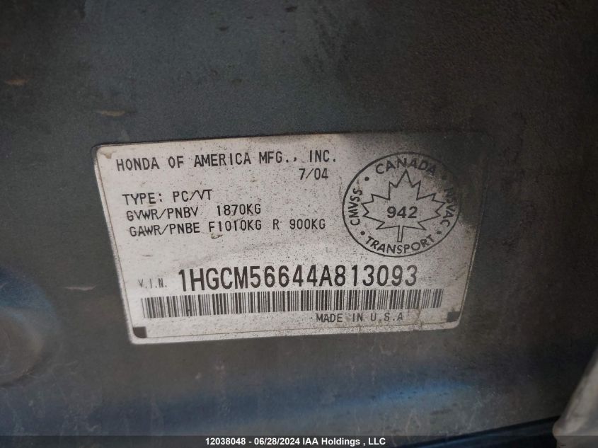 2004 Honda Accord Ex VIN: 1HGCM56644A813093 Lot: 12038048