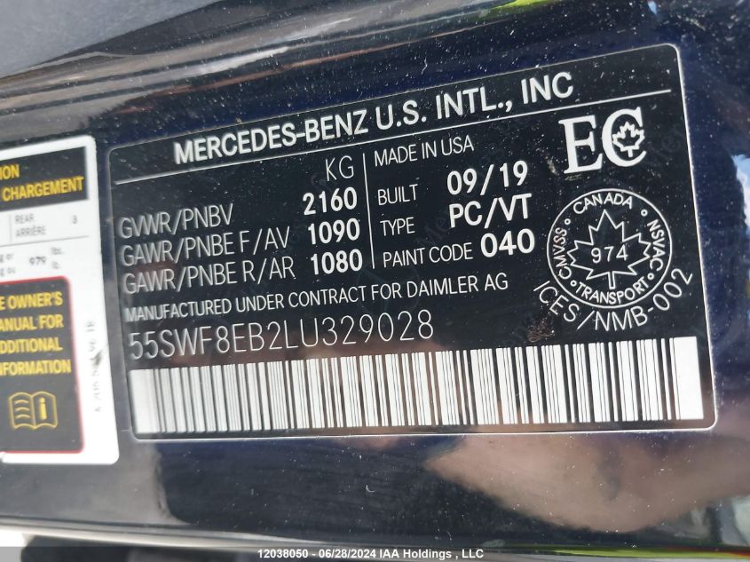 2020 Mercedes-Benz C-Class VIN: 55SWF8EB2LU329028 Lot: 12038050